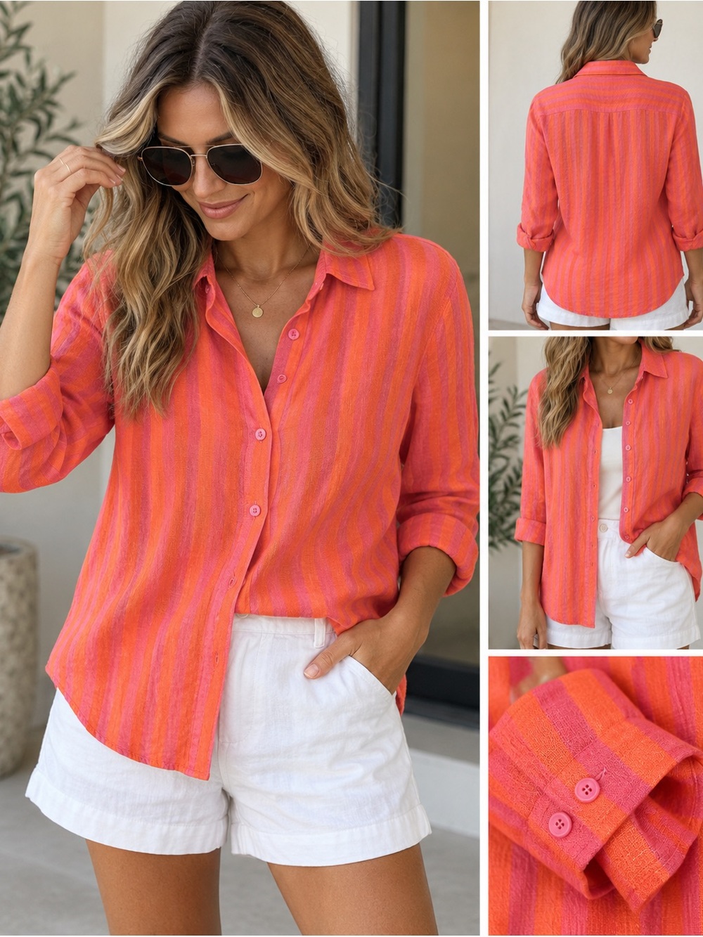 Nicole Miller 100% Linen Pink Orange Striped Button Down Shirt M
